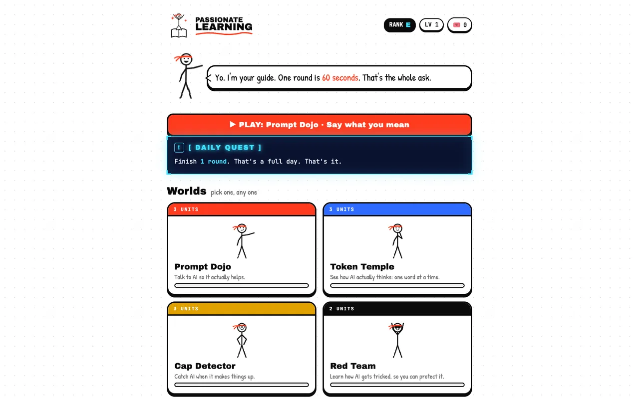 The Passionate Learning games home screen