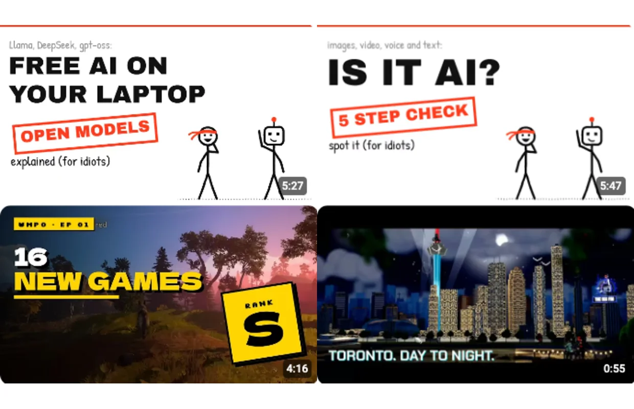Four real video thumbnails from the Passionate Learning and WatchMePlayOnline channels